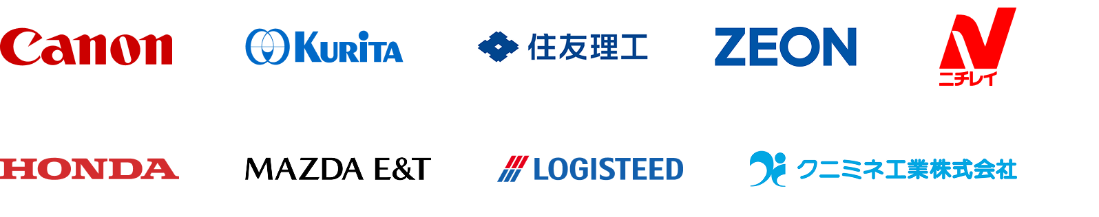 栗田工業株式会社、住友理工株式会社、日本ゼオン株式会社、株式会社ニコン、株式会社ニチレイ、本田技研工業株式会社、株式会社マツダE&T、ロジスティード株式会社、クニミネ工業株式会社